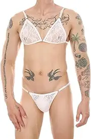 [FEOYA] Men's Sissy Crossdresser Lingerie Set 2 Pcs Sissy Sheer Spaghetti Straps Bra and G String Thong for Male Gay Men