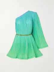 [ROWEN ROSE] ROWEN ROSE - Belted Pleated Dégradé Recycled-georgette Mini Dress - Blue - FR 40 FR 40 Blue