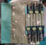 New Set of 6 Chopsticks w/ Matching Teal Green Silk Floral Embroidered Placemats
