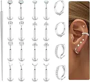 [Sanfenly] 21Pcs Threadless Earrings Flat Back Earrings 316L Surgical Steel Push in Stud Earrings Labret Studs Lip Rings CZ Opal Star ball Hoop Nose Rings - Cartilage Helix Conch Nostril Tragus Piercing