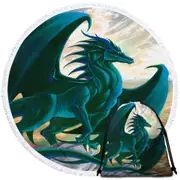 Fantasy Painting Green Dragon on Cliff Round Beach Towel