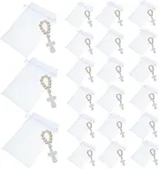 VILLFUL 40 Sets Small Wooden Rosary Beads with Cross Charms for Baptism Keepsake Mesh Bags Included for Baptisms and Religious Celebrations