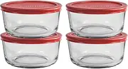 [Anchor Hocking] 4 Cup Glass Storage Containers with Lids, Set of 4 Glass Food Storage Containers with Red SnugFit Lids