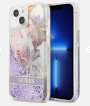 GUESS Liquid Glitter Flower Pattern Phone Case for iPhone 14 Pro Max Purple