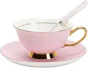 Eplze Bone China Cup and Saucer Set, 6.8oz Coffee Cup for Afternoon Tea- Embossed Texture (Pink)