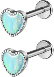 [Piercingpops] 2pcs 16G Stainless Steel Opal Heart Earrings Studs Labret Stud Press Fit Threadless Push In Dainty Cartilage Helix Conch Lobe Lip Tragus Piercing Jewelry