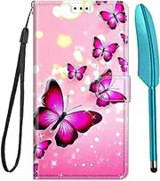 Nokia C32 Case Shockproof Wallet Phone Case Flip PU Leather Silicone Bumper Case Slim Fit Protective Cover with Card Holder Magnet Kickstand Nokia C32 Case & 1 Touch Pen, Pink Butterflies