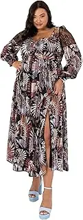 [Lovedrobe] Women's Plus Size Midaxi Dress with Pockets Curve Long Bishop Sleeve Slit Mesh Sweetheart Neckline Evening