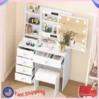 Vanity Table Set with LED Sliding Mirror, Makeup Dressing Table with 6 Drawers
