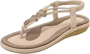 [Generic] Women's Summer Bohemian T-Strap Open Toe Sandals Braided Flat Casual Slippers Ladies Ankle Elastic Thong Beach Flip Flops (Beige 02 6.5 UK)