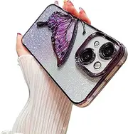 Ownest Compatible for iPhone 15 Case with Luxury Glitter Cute Butterfly Plating Design Aesthetic Women Teen Girls Phone Cases Camera Protection Shockproof Cover-Purple