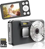 Digital Camera, 4K Autofocus Vlogging Camera with 64GB Card, 2000mAh 64MP Compact Camera, 18X Zoom, Anti-Shake, 2.8" Screen Mini Camera, Kids Beginners, Teens, and Adults (Black)