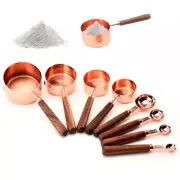 8pcs Rose Gold Measuring Cups Measuring Spoon Scoop Walnut Wooden Handle Kitchen