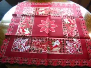 Christmas Embroidered Tablecloth Cut Work Santa Raindeer 34" SQ Red Wht NEW