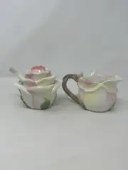 garden collection creamer and sugar rose set VHTF ceramic spoon honey bee New