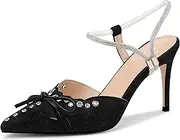 [Fericzot] Women's Pointed Toe Bow Tie Mule Heels Adjustable Strap Backless Studded Stilettos Slip On Dress Pump Shoes Party Wedding