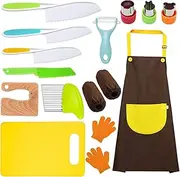 14 Pieces Toddler Knife Set - Kids Safe Wood and Plastic Knives, Cutting Board, Apron, Y Peeler, Crinkle Cutter, Kitchen Sleeves Covers, Gloves, Sandwich Cutter