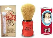 Arko Shaving Cream Soap Stick + Omega Shaving Brush with Natural Boar Bristle + Osma Alum Based Styptic Pencil,red