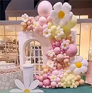 JUIIZAY Daisy Balloon Garland Arch Kit Macaron Pastel Pink And Yellow Boho Groovy Party For Baby Shower Wedding Birthday Sunflower Decor