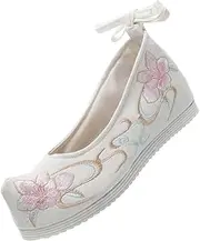 [WRITWAA] 1pair Chinese Retro Embroidered Thicken Slope-Heel Shoes for Women Elegant Canvas Design for Traditional Dress Occasions Comfortable and Stylish Footwear White