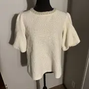 VOY Courtney Top Classic Tweed Pearl Neckline Bubble Sleeves Ivory Large -NWT