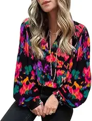 [VSERETLOON] Spring Tops Women's Colorful Print v-Neck Lantern Sleeve Pullover Women's Chiffon Shirt Women's Shirt