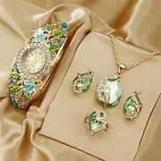 5Pcs Set Luxury Womens Bracelet Quartz Watches Fashion Rhinestone Quartz Cuff Bangle Watch Oval Pointer Analog Wrist Watch Jewelry Set Gift For Mom Her