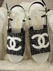 Auth. CHANEL 24P Glittered Tweed Sequin CC Patent Wedge Heel Platform Sandals