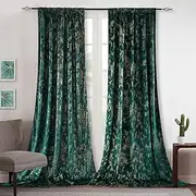 Luxury Velvet Curtains Gold Foil Print 80% Blackout Window Curtains Back Tab/Rod Pocket/Pleat Hooks Thermal Insulated Living Room Bedroom Drapes, 2 Panels, Nightfall Green 132x213cm（W52 x L84 in）