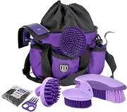 Harrison Howard Horse Grooming Brushes Kit 7 pieces with Organizer Tote Equine Care Series Horse Brush Sets Purple