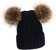 [WOFASHPURET] Cute Kids Hat Knitted with Faux Fox and Balls Woolen Cap Black Ages 0-6 Boys Girls