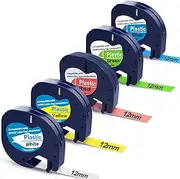 5-Pack Colored Label Tape 12mm x 4m (1/2" x 13') Compatible with Dymo Letratag Refills，Replacement for Dymo Label Maker Refills Plastic for Letratag LT100H LT100T QX50