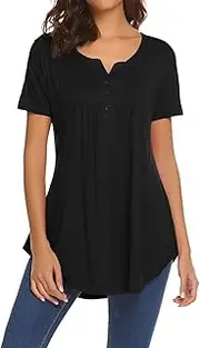 [Halife] Women's Floral Printed Long Sleeve Henley Shirts V Neck Pleated Casual Flare Tunic Blouse Tops, Black, X-Large