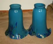 Pair of Thick Hand Blown Glass Lamp Shade Blue Mixed
