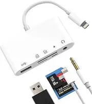 Lightning to USB Card Reader and 3.5mm Jack Adapter (5 in 1) - for iPad, Micro SD/TF Card Reader, iPhone 14, Apple, Camera, OTG 3.0 Cable, AUX Audio, Charging Adapter, Converter, USB Flash Drive