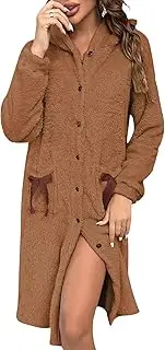 [DSAoTeng] Women’s Button Down Fleece Hooded Long Robes With Bow Pockets-Cozy Warm Plush Housecoat Bathrobe for Fall Winter Spa Sleepwear