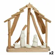Christmas Nativity Set Ceramic Brown White 2 Units 25 x 28 x 10 Cm Natural Wood 2 Units