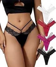 [abandi] 4 Pack Seamless Thongs for Women Floral Lace Criss Cross Strap Low Rise Thong Panties T-Back Tangas Panties for Ladies