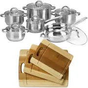 12 Piece Cookware Set Stainless Steel Pot Pan + 3pc Organic Bamboo Cutting Board