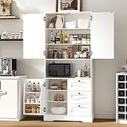 Farmhouse Kitchen Pantry Cabinet, Kitchen Storage Cabinet with 3 Door Shelves and 3 Drawer, Versatile Storage for Kitchen, Dining Room, Living Room, White Wood Grain