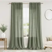 Olive Green Linen Curtains 96 Inches Long for Living Room Rod Back Tab Vintag...
