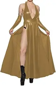 [EGEN] Sexy Halter Sleeveless High Split Slim Midi Dress PU Leather Dress with Gloves Slim Backless Long Dress Club Party Robe S-7XL (5X-Large,Gold,5X-Large)