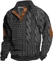 [Zylphorix] Men Corduroy Casual Stand Collar Sweater Quarter Button Pullover Print Sweatshirt Fall Long Sleeve Outdoors Shirts, Dark Grey 2, Medium