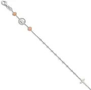 [JewelryWeb] 925 Sterling Silver Beaded Rosary With Rose tone Roses 3 Centimeters Ext Bracelet 18 Centimeters 0.25mm Wide Link-Bracelet for Women