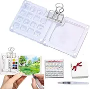 Mini Set, Watercolor Painting Palette Kit, Wooden/Acrylic Grid Watercolor Travel Kit, with Binder Clip, 24 Color Paint and Water Pen (Acrylic sheet,15 grid)