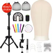22" Canvas Mannequin Head Set for Wigs: Includes C-Stand, Clips, and Needles.