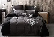 Oriental Bamboo Embroidery Quilt Cover Set, 3pcs Double Charcoal Grey Doona Cover Set, Luxury Embroidery Black Grey Quilt Cover Set (Double Size)
