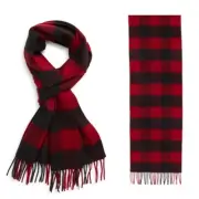 New Nordstrom Red Rio Black Buff Check Buffalo Plaid 100% Cashmere Fringe Scarf