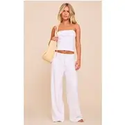 Petite Cream Modal Ribbed Wide Leg Drawstring Pants, Cream
