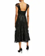 NWT $1,889 Lela Rose Boat-Neck Shimmered Lace Illusion Dress Black Size US 2